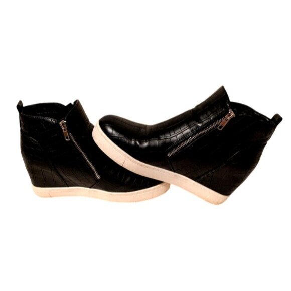 Black Croc-Embossed Dual Side Zip Wedge Booties Size 8.5 - Picture 1 of 6